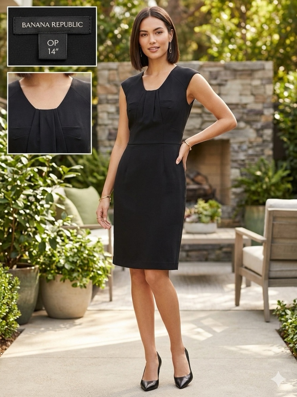Banana Republic Black Sleeveless Sheath Lined Dress Rayon Blend 0P 14” p2p